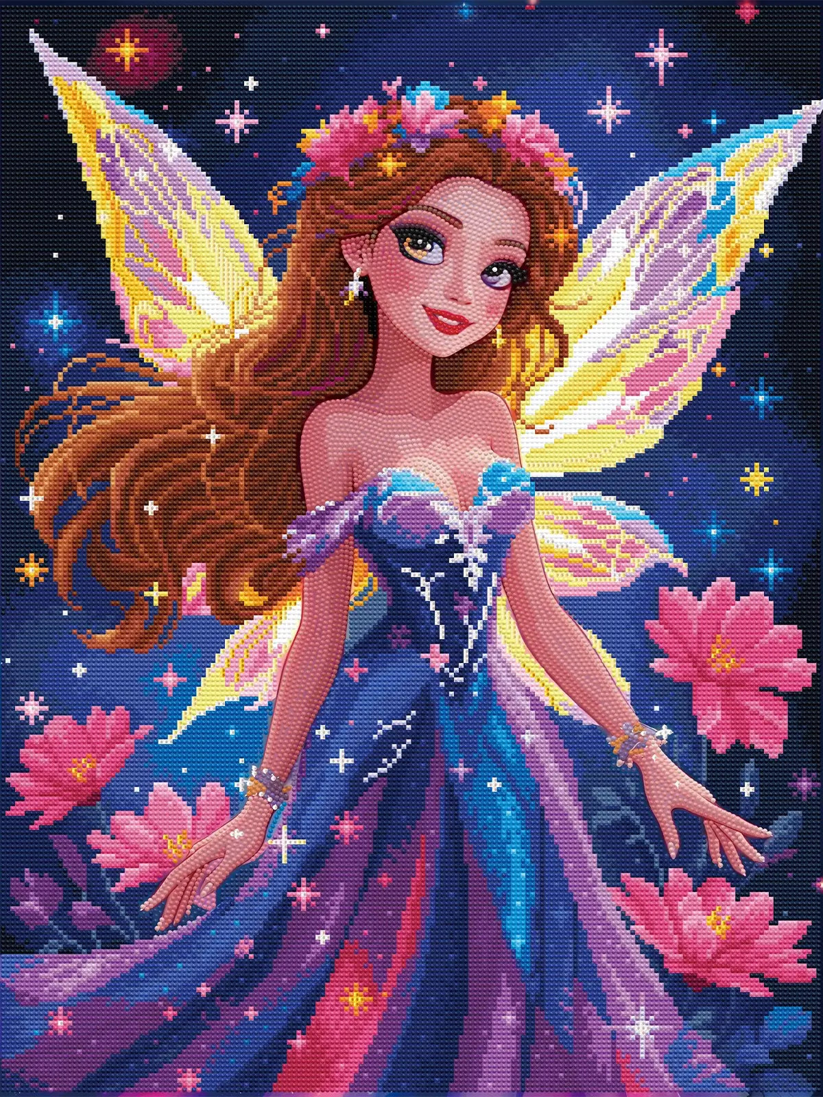 Finished Flower Fairy diamond art kit with full drill resin diamonds and AB drills sparkling fairy fantasy scene - FEELOOK Art