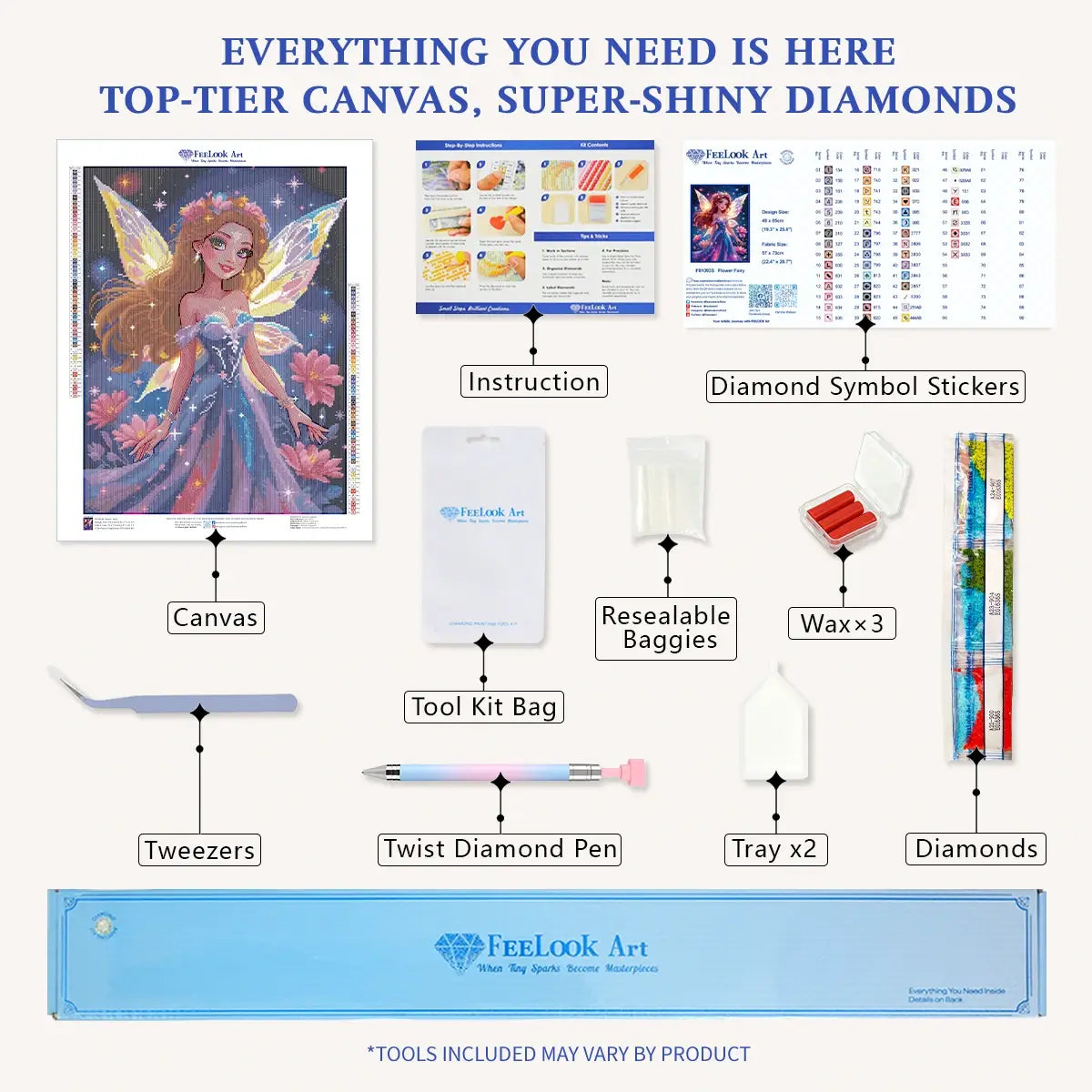 Flower Fairy diamond painting kit with full drill canvas, resin drills, AB drills and complete DIY tools - FEELOOK Art
