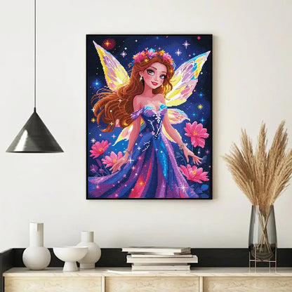 Flower Fairy diamond painting kit displayed as glowing fantasy wall art with colorful fairy wings and flowers - FEELOOK Art