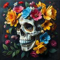 Flower Skull Momento Mori 5D diamond painting kit with skull, bright flowers and dark floral art - FEELOOK Art