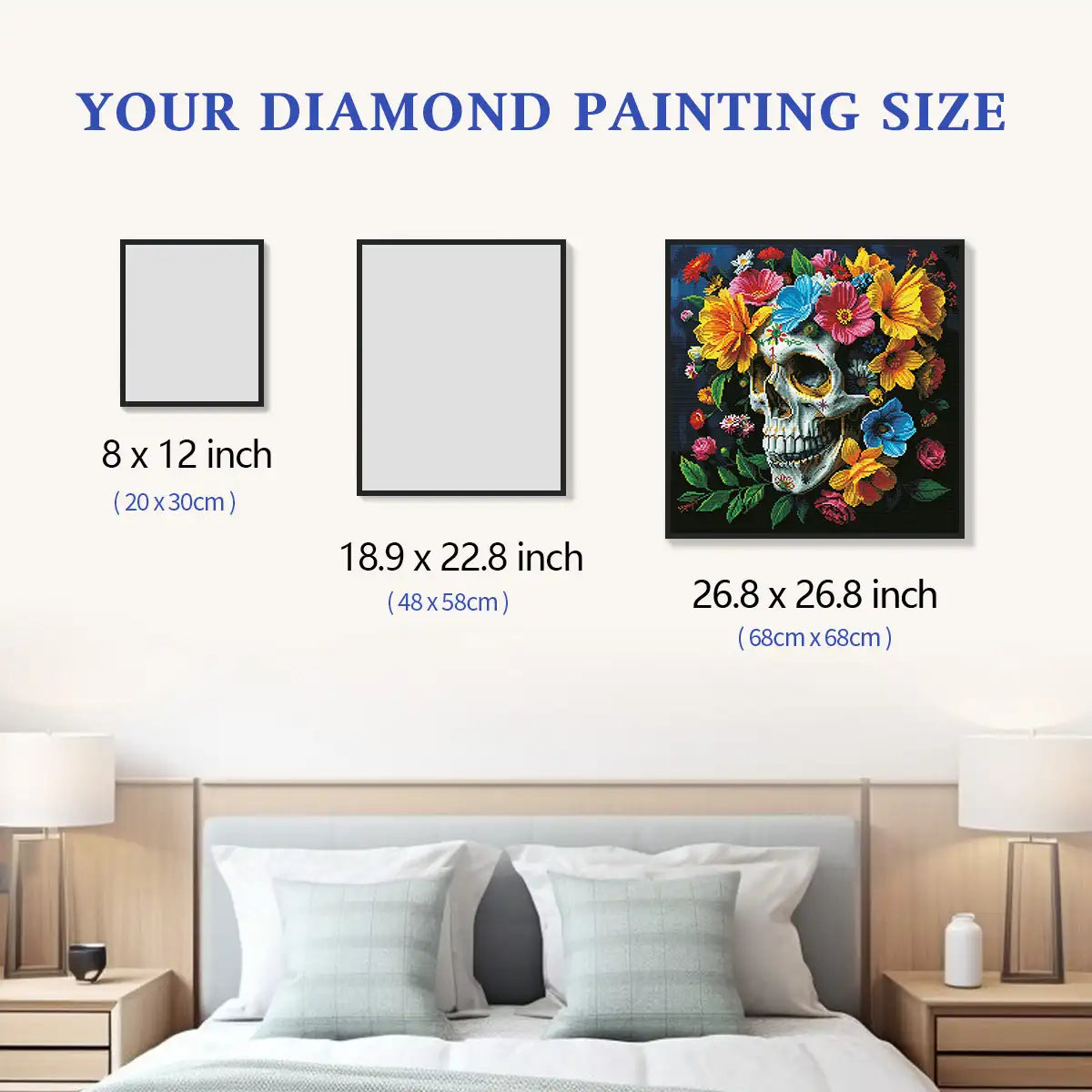 Flower Skull Momento Mori 5D diamond painting size chart showing floral skull artwork scale - FEELOOK Art