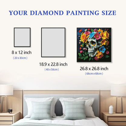 Flower Skull Momento Mori 5D diamond painting size chart showing floral skull artwork scale - FEELOOK Art