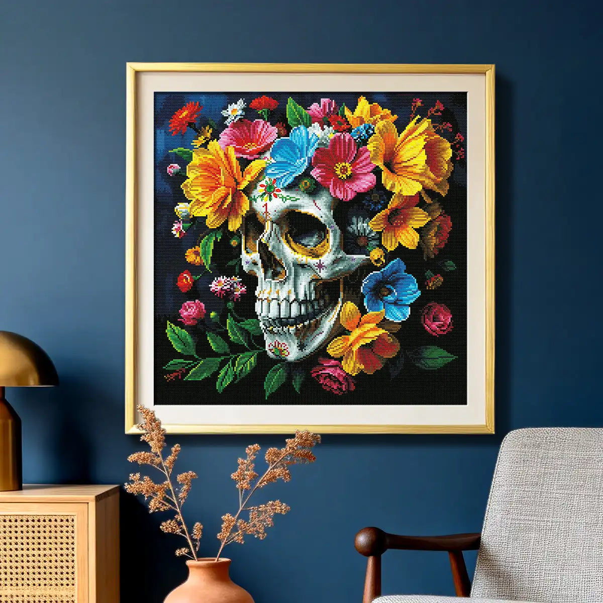 Flower Skull Momento Mori diamond art kit styled for relaxing DIY craft time with vivid flowers - FEELOOK Art