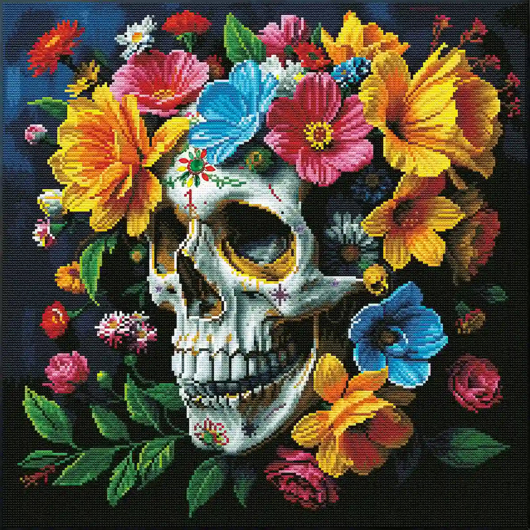 Finished Flower Skull Momento Mori diamond art kit with five AB drills and six special shaped drills - FEELOOK Art