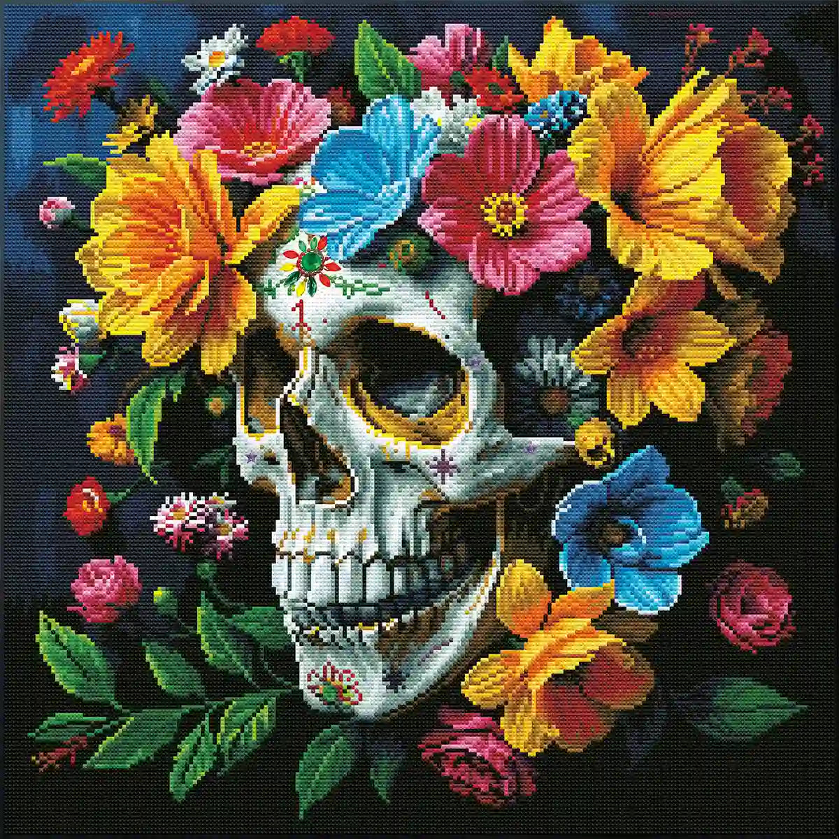 Finished Flower Skull Momento Mori diamond art kit with five AB drills and six special shaped drills - FEELOOK Art