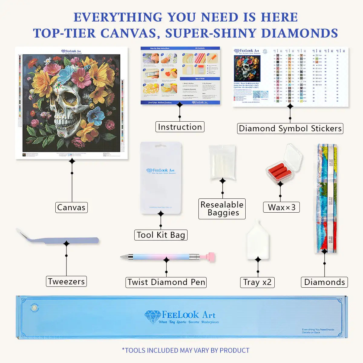 Flower Skull Momento Mori diamond painting kit with canvas, tools, five AB drills and special drills - FEELOOK Art