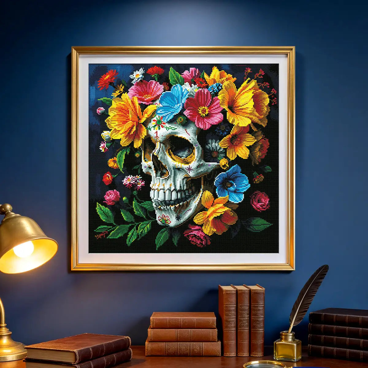Flower Skull Momento Mori diamond painting kit displayed as gothic floral wall decor at home - FEELOOK Art