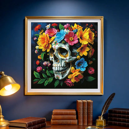 Flower Skull Momento Mori diamond painting kit displayed as gothic floral wall decor at home - FEELOOK Art
