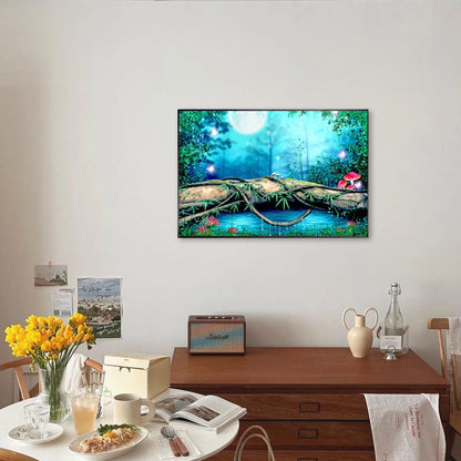Forest Moonlight diamond painting framed as wall decor in a cozy living space