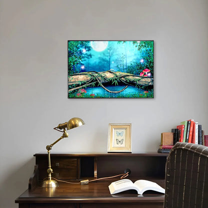 Elegant moonlit forest diamond painting displayed in a learning room setting