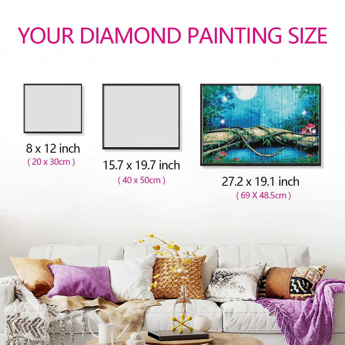Size comparison chart of Forest Moonlight diamond painting kit options