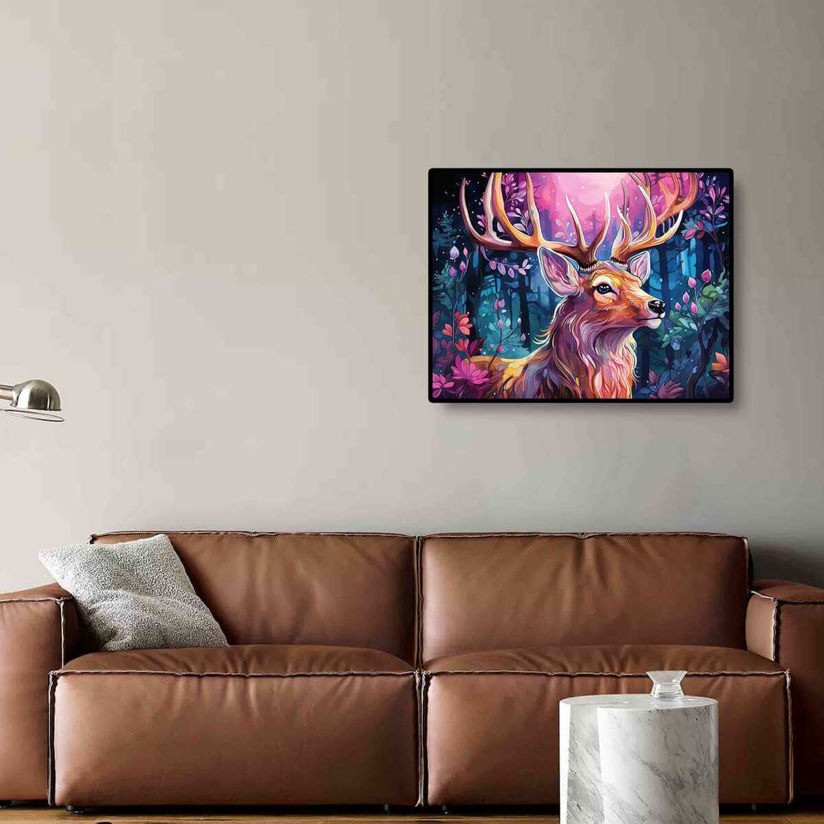 Forest Moose diamond painting on the wall, perfect for adding a natural, calming touch to your room decor with the majestic moose and forest scenery.