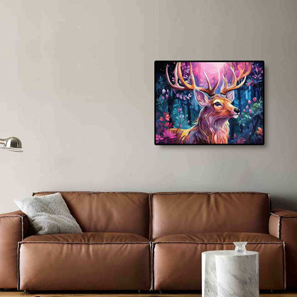 Forest Moose diamond painting on the wall, perfect for adding a natural, calming touch to your room decor with the majestic moose and forest scenery.