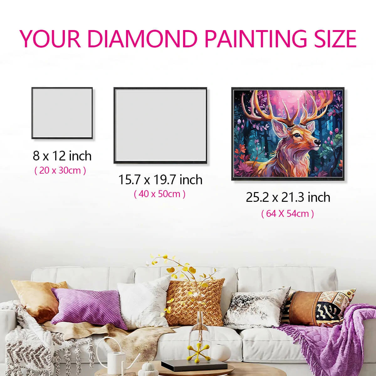Size guide for the Forest Moose diamond painting canvas, showing how the artwork's proportions fit perfectly in any room, enhancing your home decor.