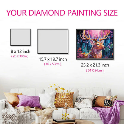 Size guide for the Forest Moose diamond painting canvas, showing how the artwork's proportions fit perfectly in any room, enhancing your home decor.