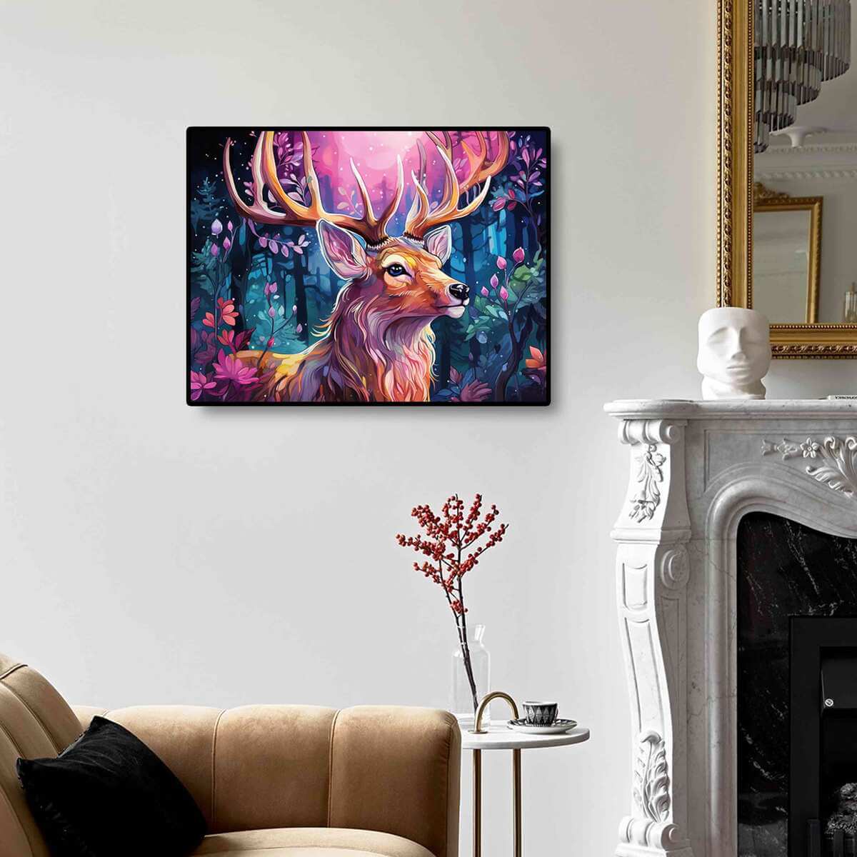 Forest Moose diamond art kit displayed on the wall, bringing the tranquility of the forest into your living space with natural tones and details.