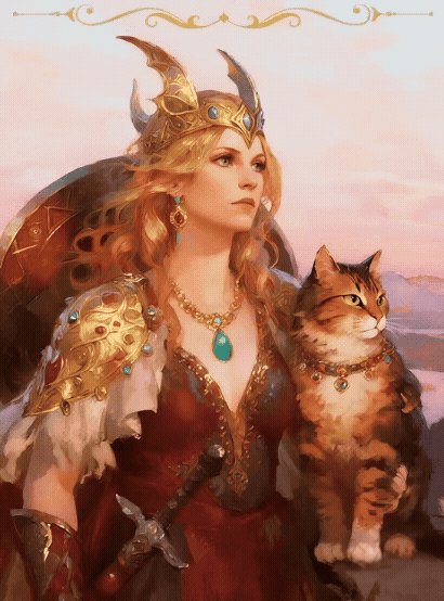 Animated diamond painting of Freya, the Norse goddess of love and war, in golden armor with her majestic cat — FEELOOK Art