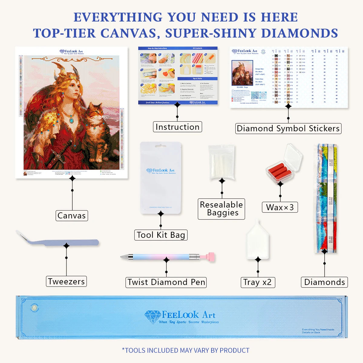 Diamond painting kit for Freya including applicator pen, tray, wax, and shining diamonds – FEELOOK Art