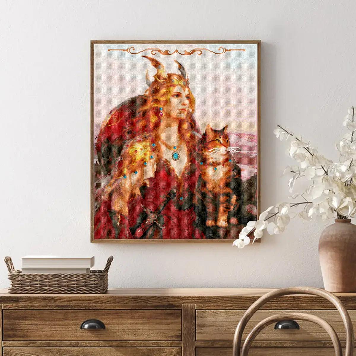 Freya diamond painting displayed in a cozy modern interior, adding mythic elegance – FEELOOK Art