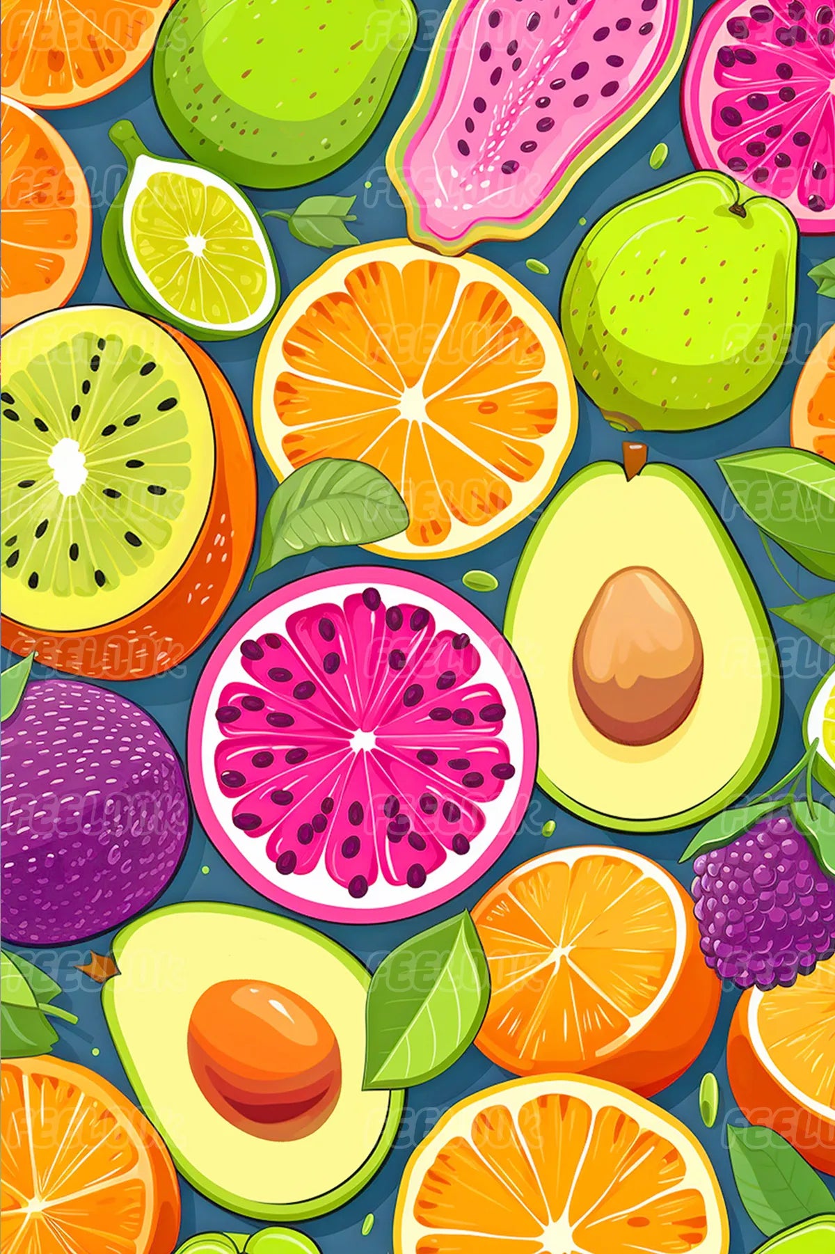 Fruit Feast diamond painting kit featuring a full drill round diamond canvas filled with vibrant fruits.