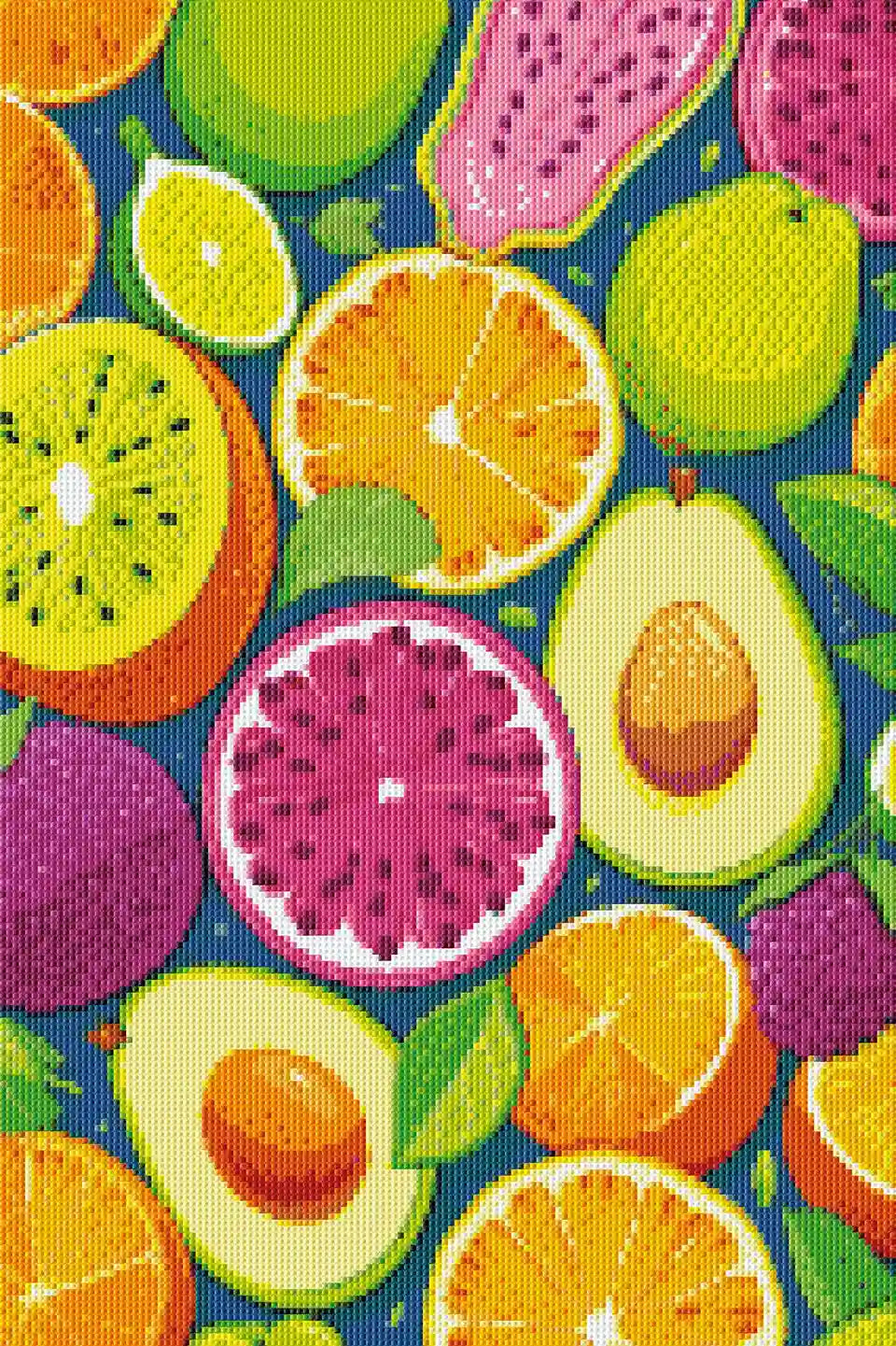 Rendered view of completed Fruit Feast full drill diamond painting with colorful fruit arrangement.