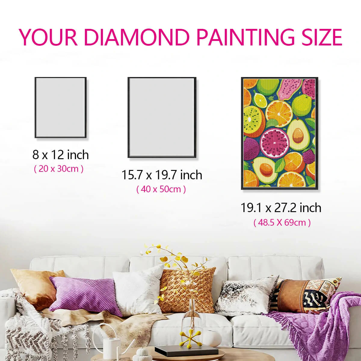 Size comparison of Fruit Feast diamond painting canvas with measuring guide for adult crafters.