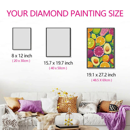 Size comparison of Fruit Feast diamond painting canvas with measuring guide for adult crafters.