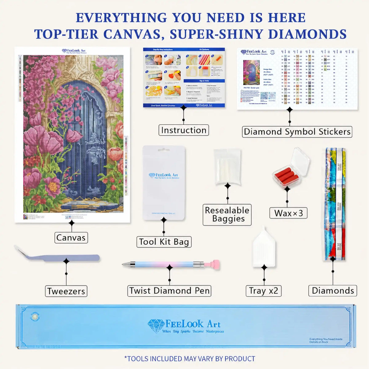 Garden Gate diamond painting kit with full drill canvas, 50 resin drill colors, one AB drill and essential tools - FEELOOK Art