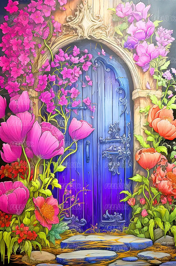 Garden Gate diamond painting with pink and coral flowers framing an ornate entrance to a blue garden - FEELOOK Art
