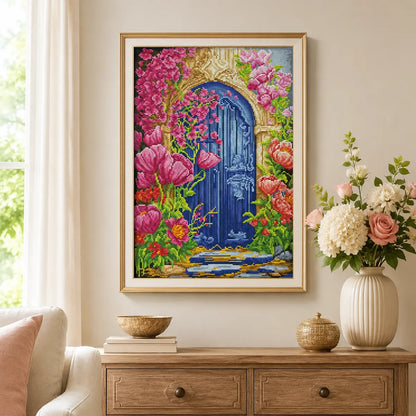 Garden Gate diamond art kit styled in a cozy room with vivid floral colors and a serene blue garden scene - FEELOOK Art