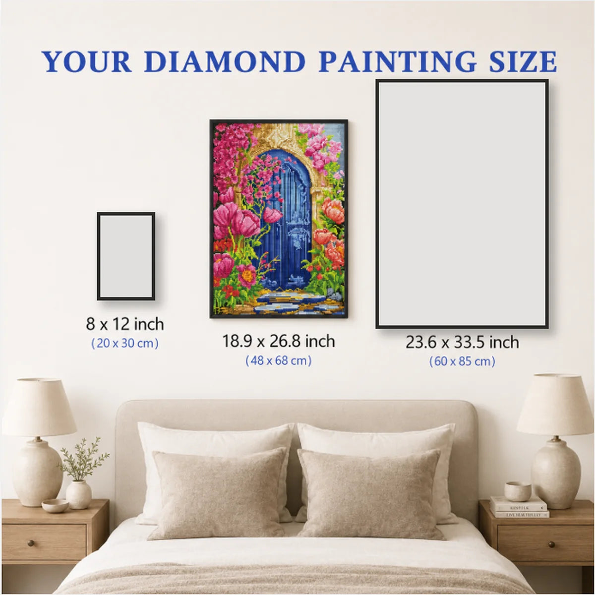 Garden Gate 5D diamond painting size chart showing the floral garden arch artwork scale for home wall decor - FEELOOK Art