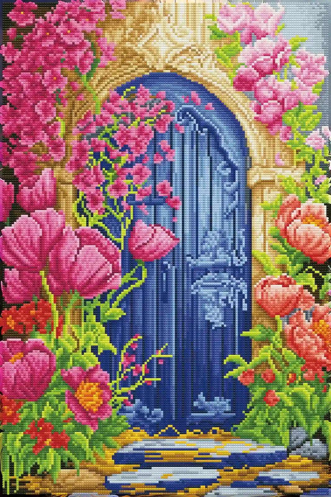 Finished Garden Gate diamond painting with 50 resin drill colors, one AB drill and a flower-filled blue garden - FEELOOK Art