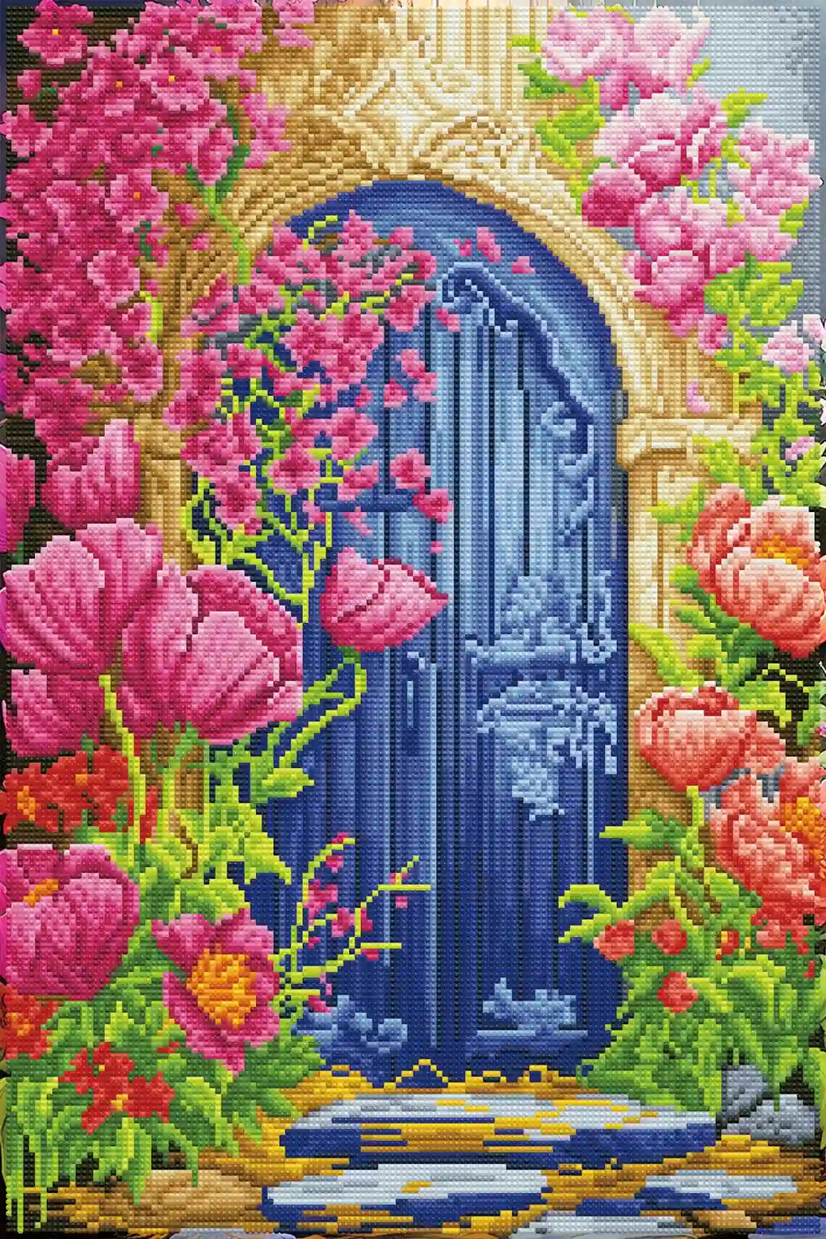 Finished Garden Gate diamond painting with 50 resin drill colors, one AB drill and a flower-filled blue garden - FEELOOK Art