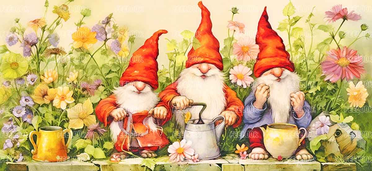 Garden Gnome diamond painting kit featuring whimsical gnomes in a vibrant garden setting