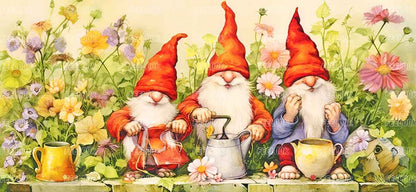 Garden Gnome diamond painting kit featuring whimsical gnomes in a vibrant garden setting
