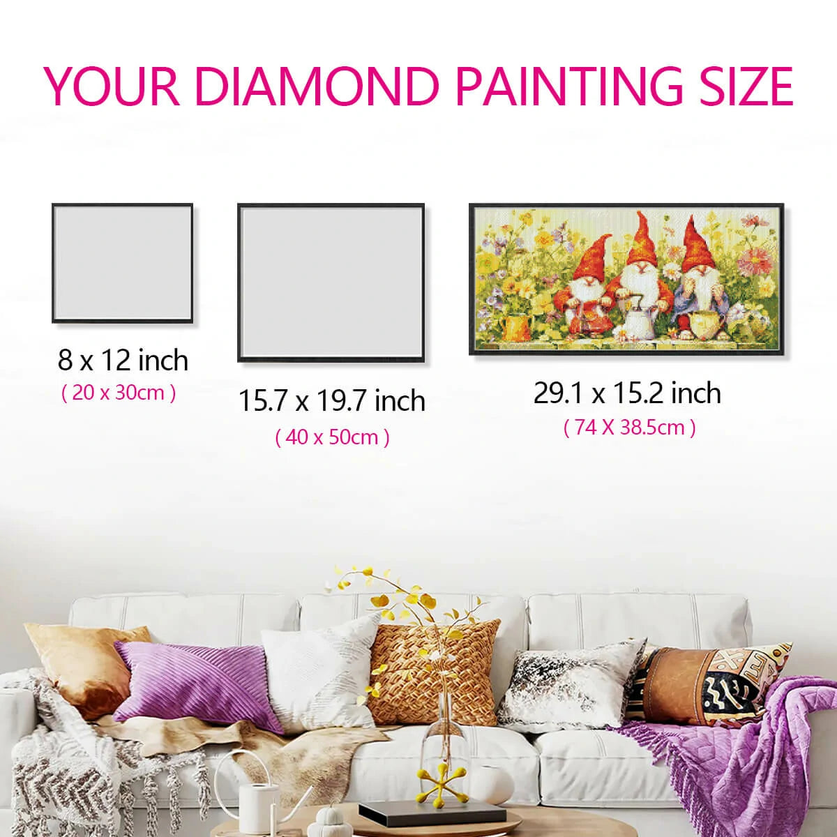 Size comparison image for Garden Gnome diamond painting kit