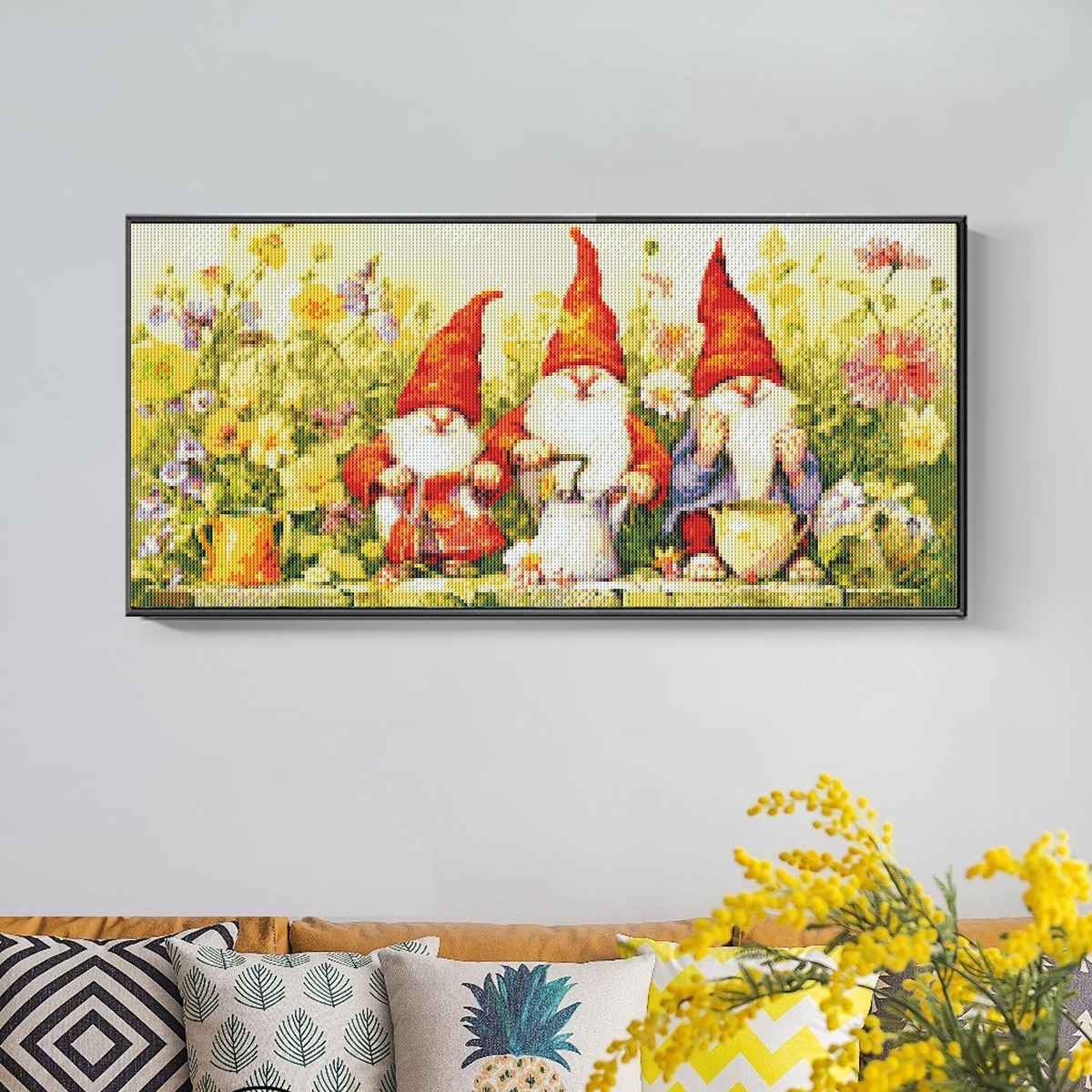 Garden Gnome diamond painting displayed in a beautiful garden-themed room
