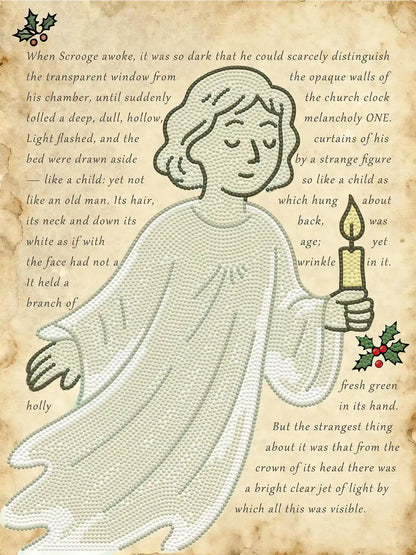 Finished Ghost of Christmas Past diamond art showcasing glowing candle drills, soft pastel tones, and a whimsical Dickensian illustration – FEELOOK Art