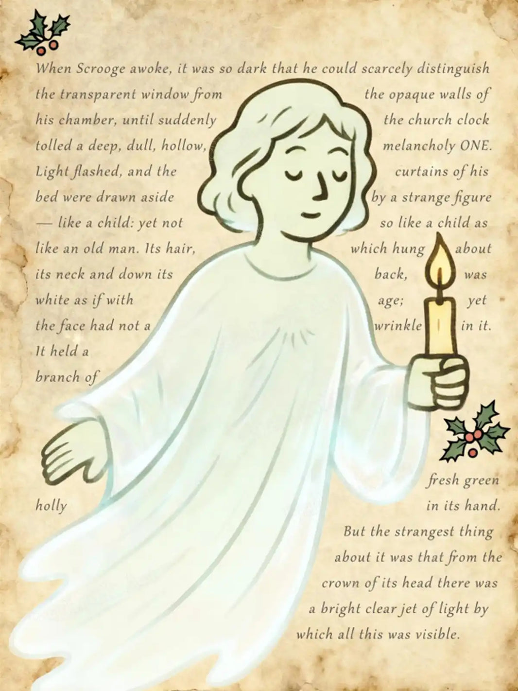 Ghost of Christmas Past diamond painting featuring a watercolor-style A Christmas Carol spirit with a candle and vintage script backdrop – FEELOOK Art