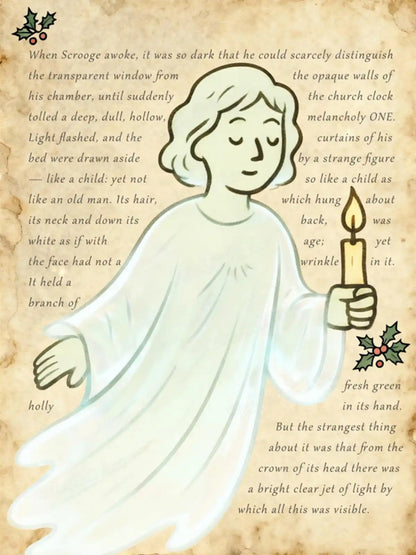 Ghost of Christmas Past diamond painting featuring a watercolor-style A Christmas Carol spirit with a candle and vintage script backdrop – FEELOOK Art