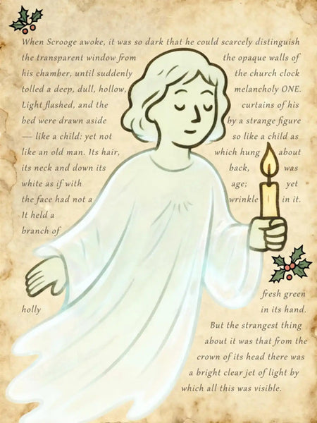 Ghost of Christmas Past diamond painting featuring a watercolor-style A Christmas Carol spirit with a candle and vintage script backdrop – FEELOOK Art
