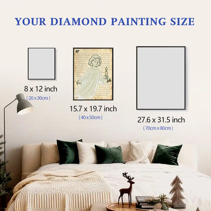 Ghost of Christmas Past diamond painting framed on a wall with size comparison, shown in a festive home setting for scale – FEELOOK Art