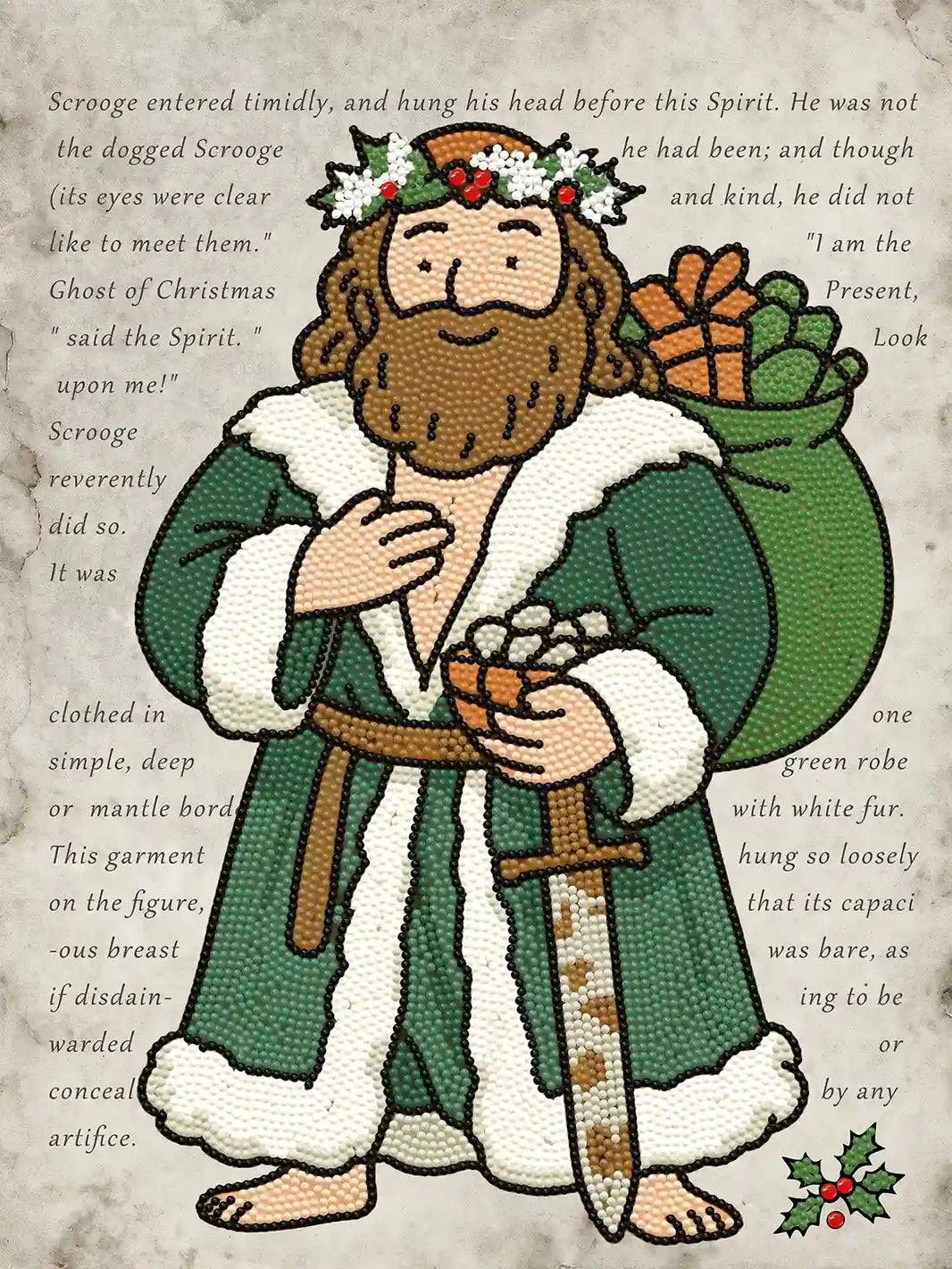 Finished Ghost of Christmas Present diamond art highlighting rich green drills, gold gift details, and a festive Dickensian illustration – FEELOOK Art