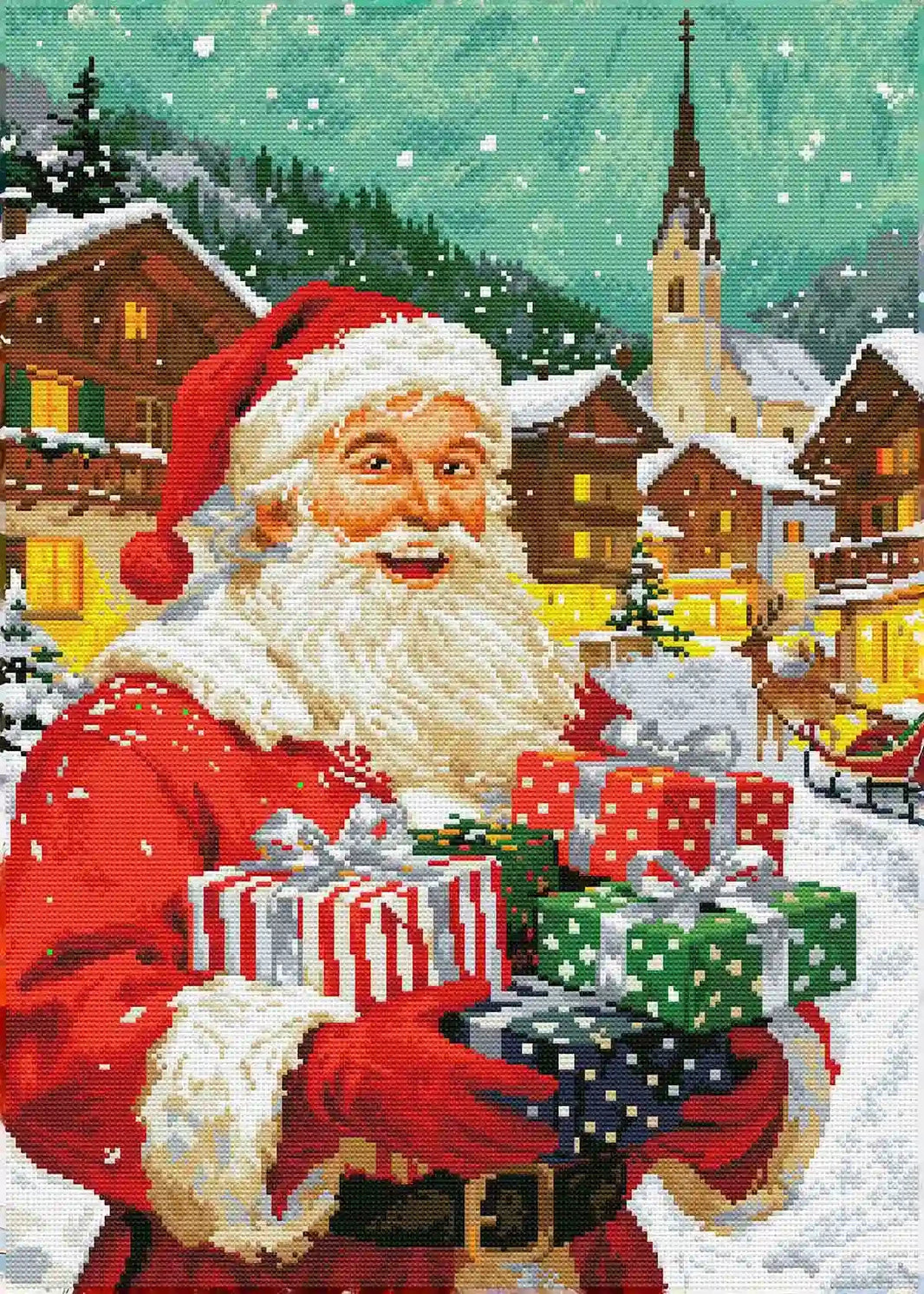 Finished Gifts of Cheer diamond art showing sparkling Santa with bright holiday gifts and cheerful smile – FEELOOK Art