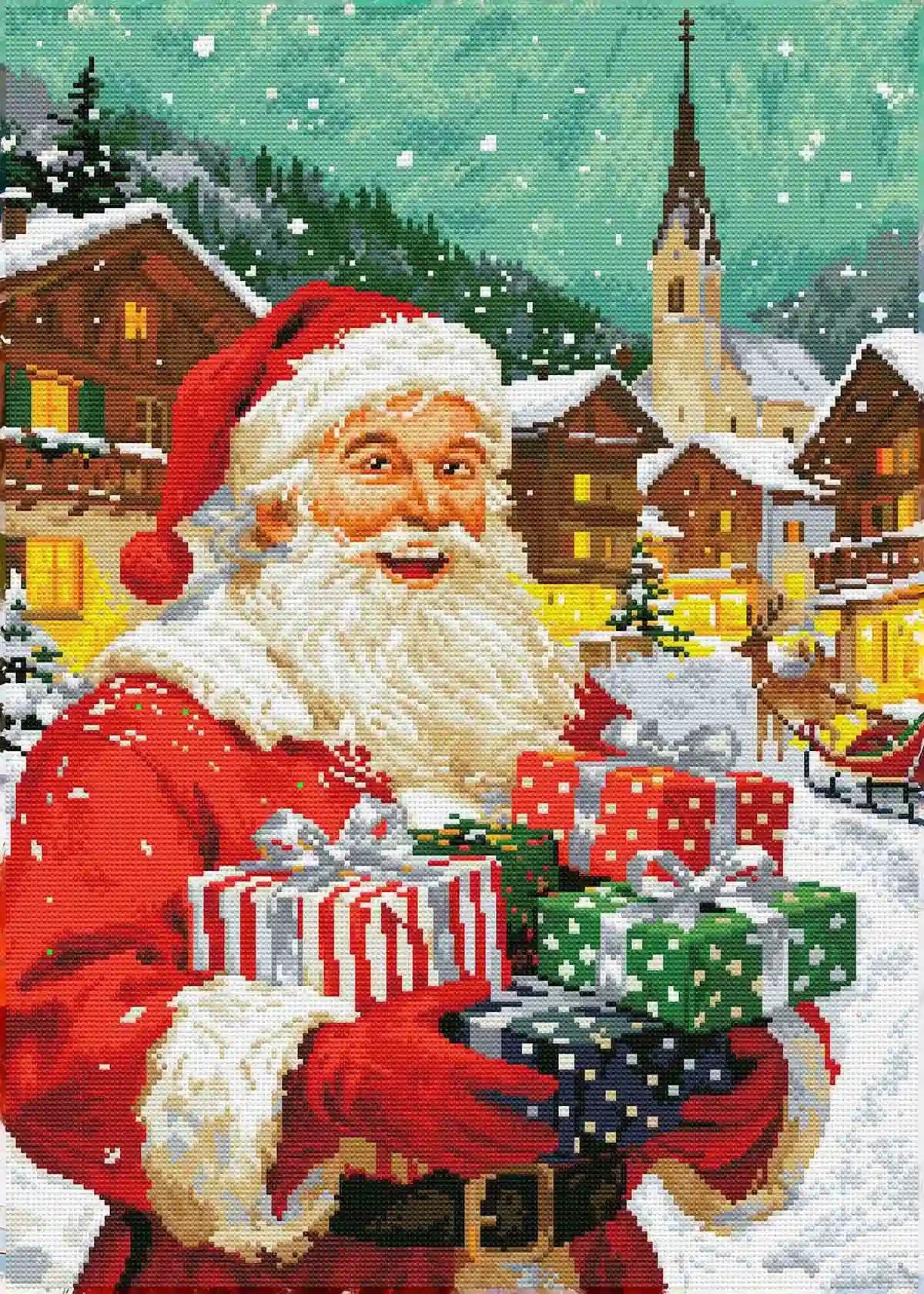 Finished Gifts of Cheer diamond art showing sparkling Santa with bright holiday gifts and cheerful smile – FEELOOK Art