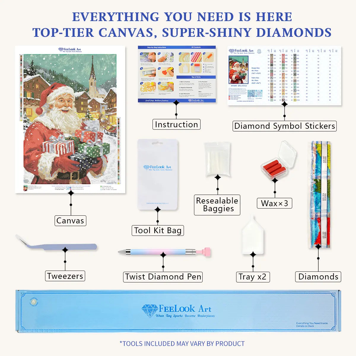 Diamond painting kit contents for Gifts of Cheer including pen, tray, wax, and resin drills – FEELOOK Art  