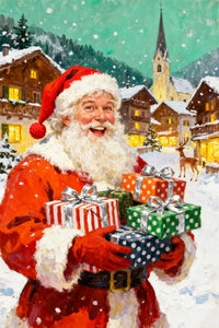 Gifts of Cheer diamond painting featuring jolly Santa Claus holding colorful red, green, and blue presents – FEELOOK Art