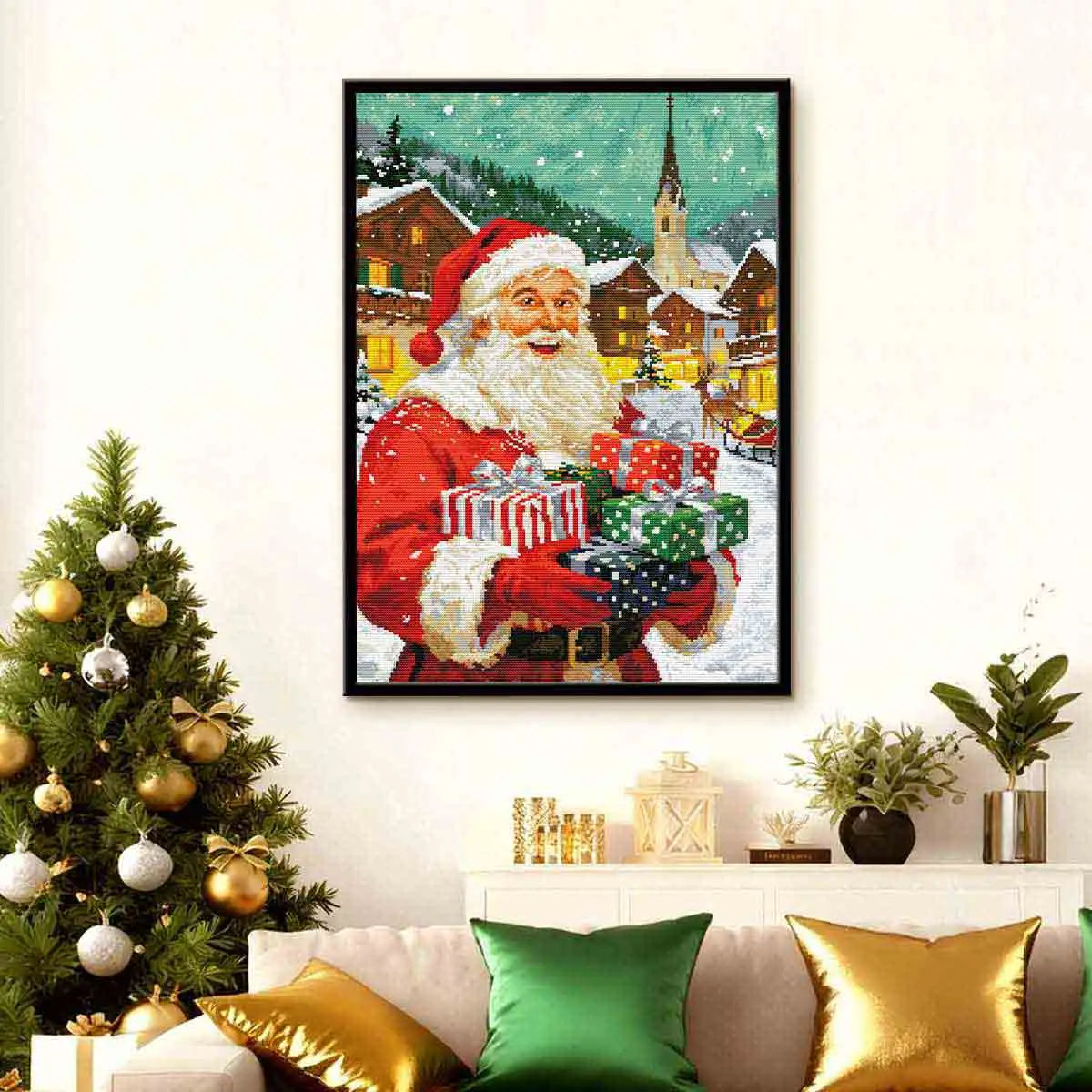 Gifts of Cheer diamond art displayed in a cozy living room, adding Santa’s warmth and holiday joy – FEELOOK Art