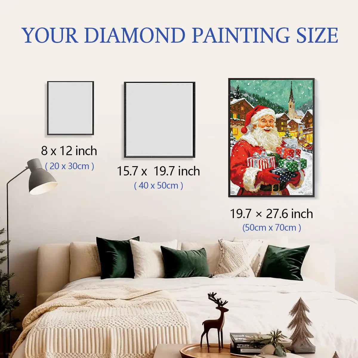 Gifts of Cheer diamond painting framed on wall above festive decorations with size labels – FEELOOK Art