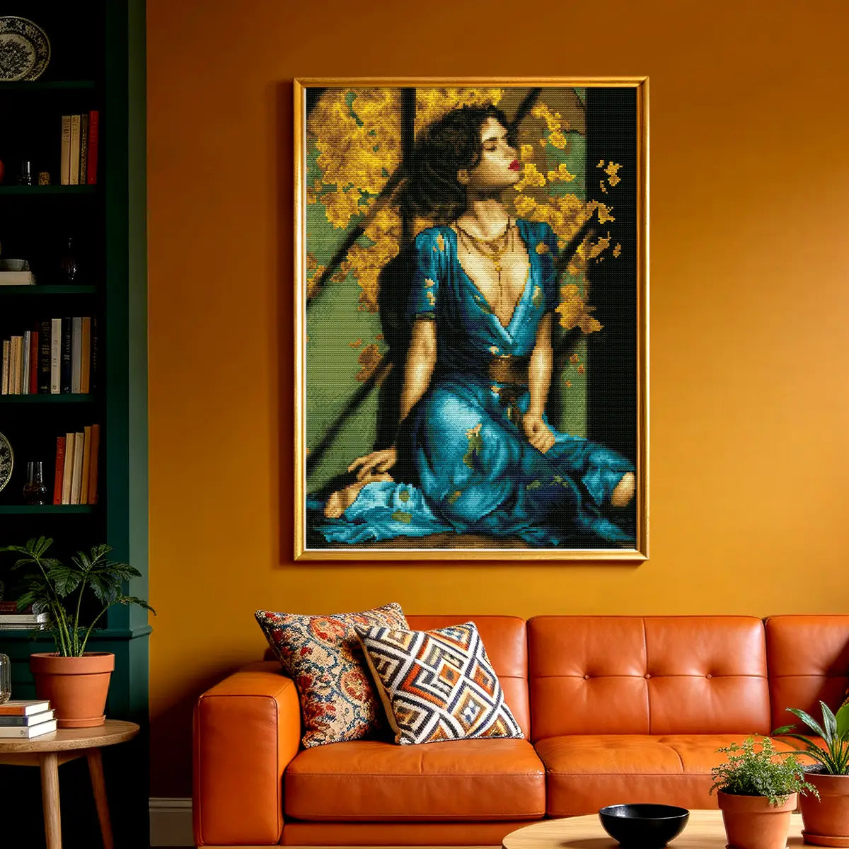 Gilded Grace 5D diamond painting in bedroom: creates a serene, opulent atmosphere - FEELOOK Art